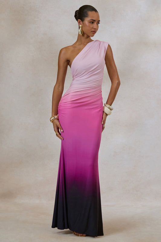 Lauretta | Pink Ombre Asymmetric Maxi Dress With Ruching