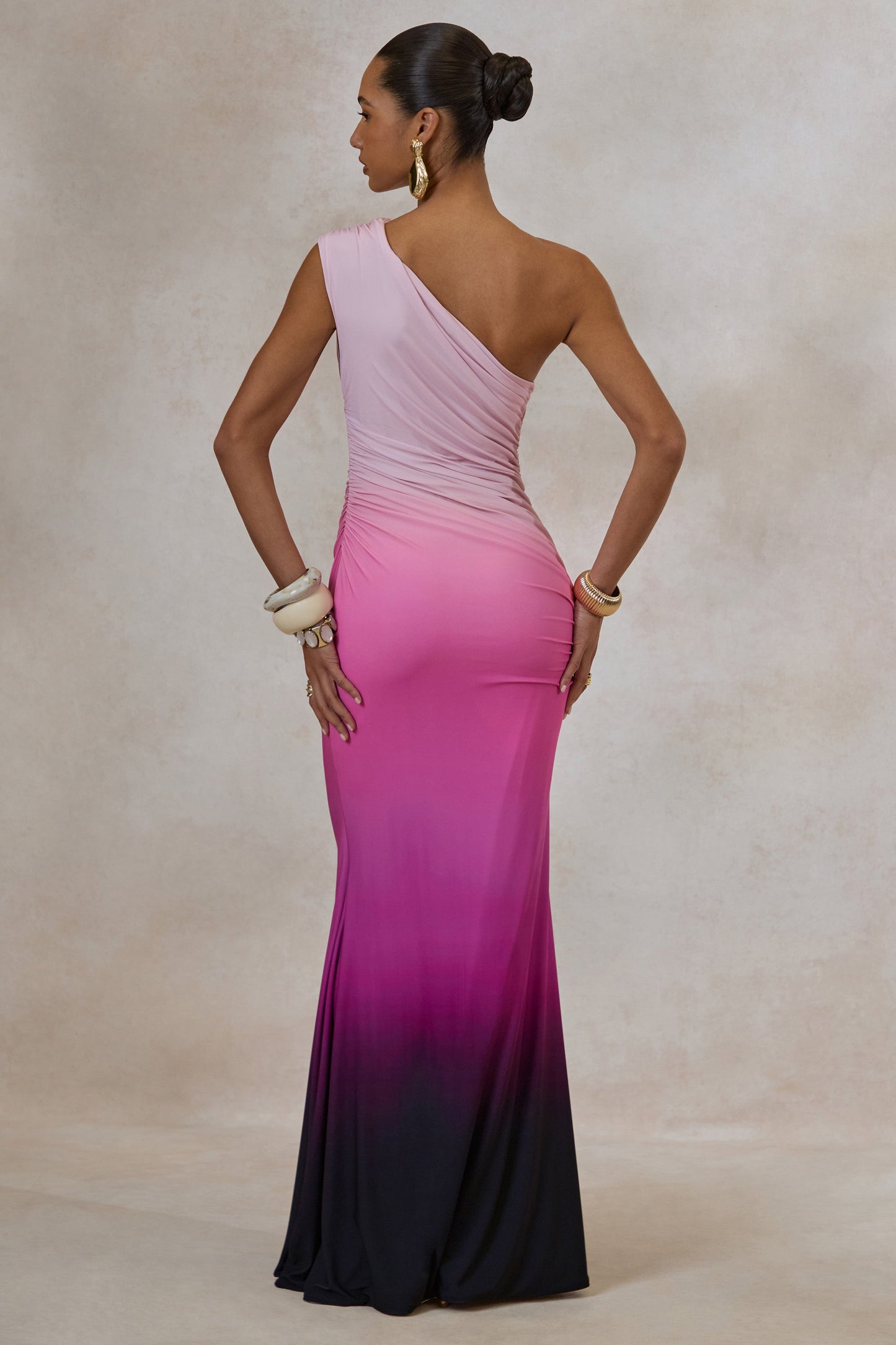 Lauretta | Pink Ombre Asymmetric Maxi Dress With Ruching