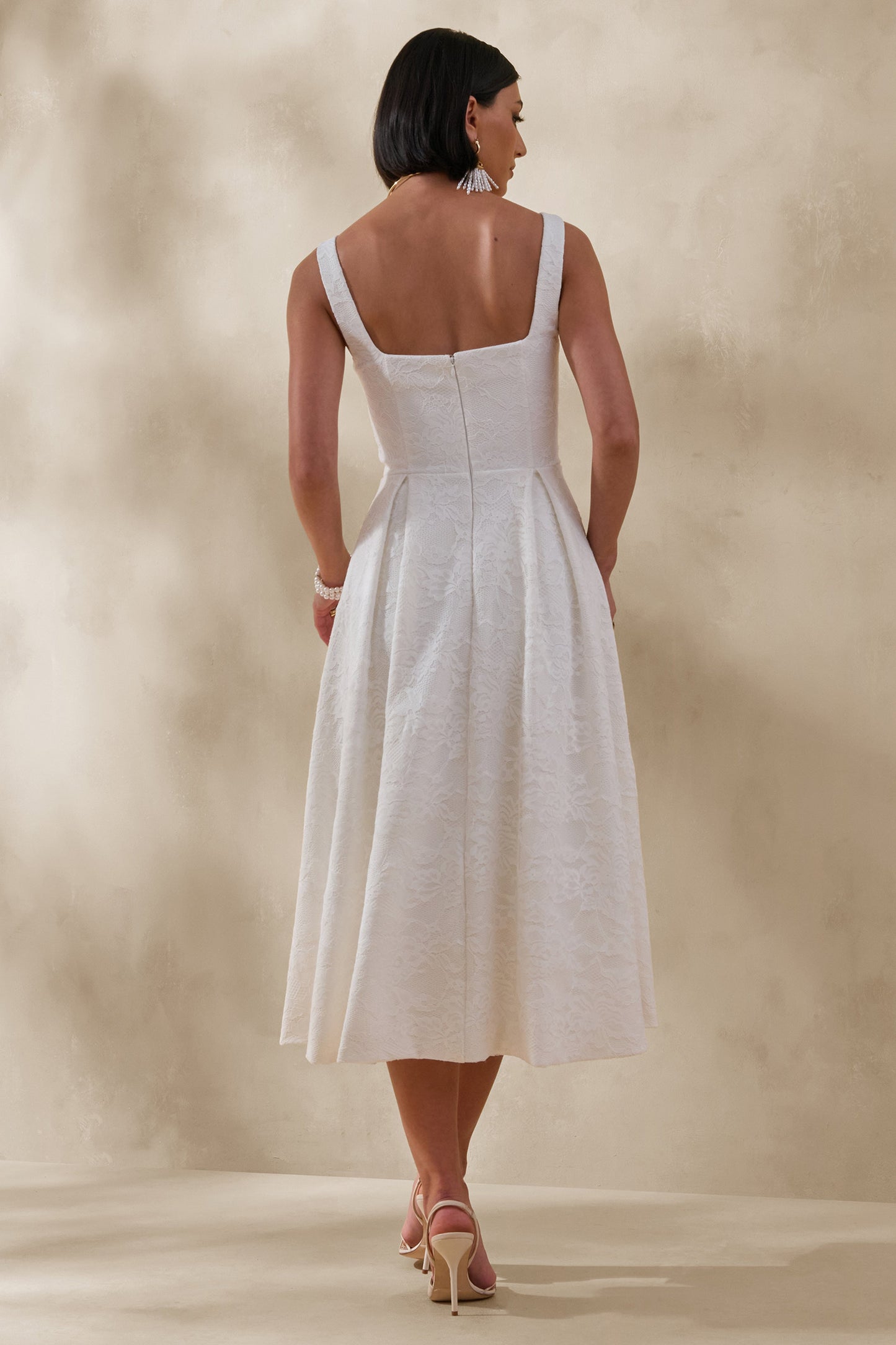 Ashmara | White Lace Square-Neck Midi Dress