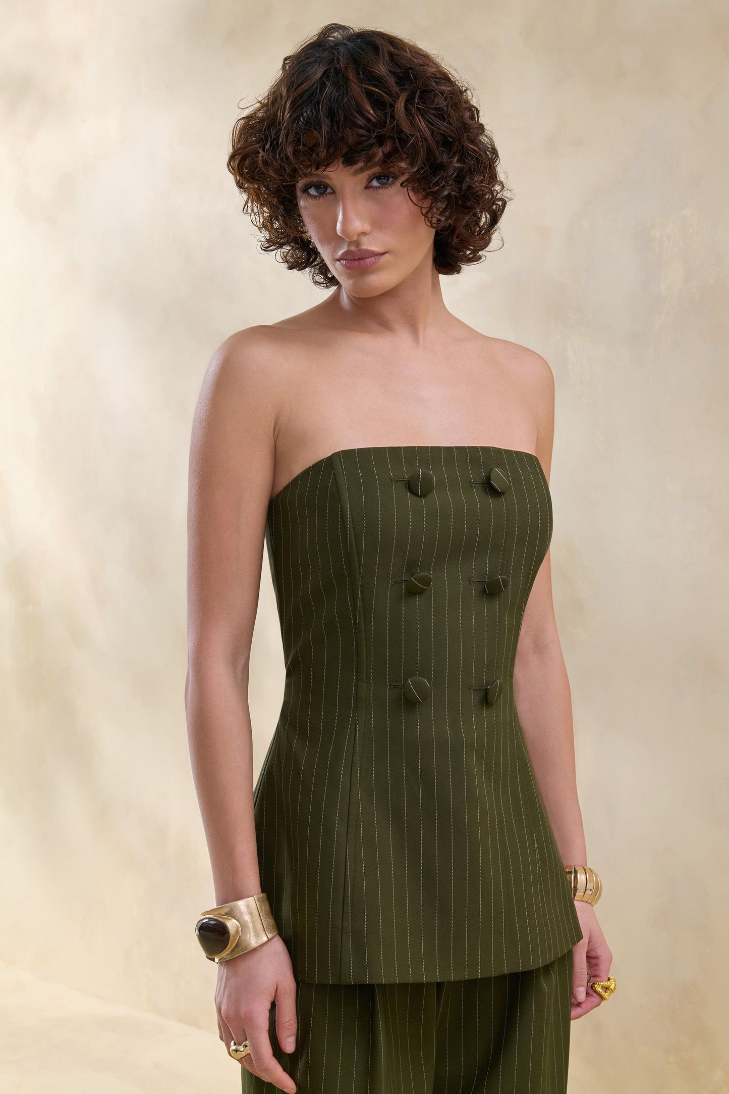 Fable | Olive Pinstripe Bandeau Tailored-Top