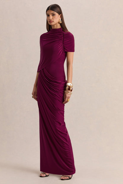 Lunaline | Burgundy High-Neck Maxi Dress With Asymmetric Cape And Draped-Detailing