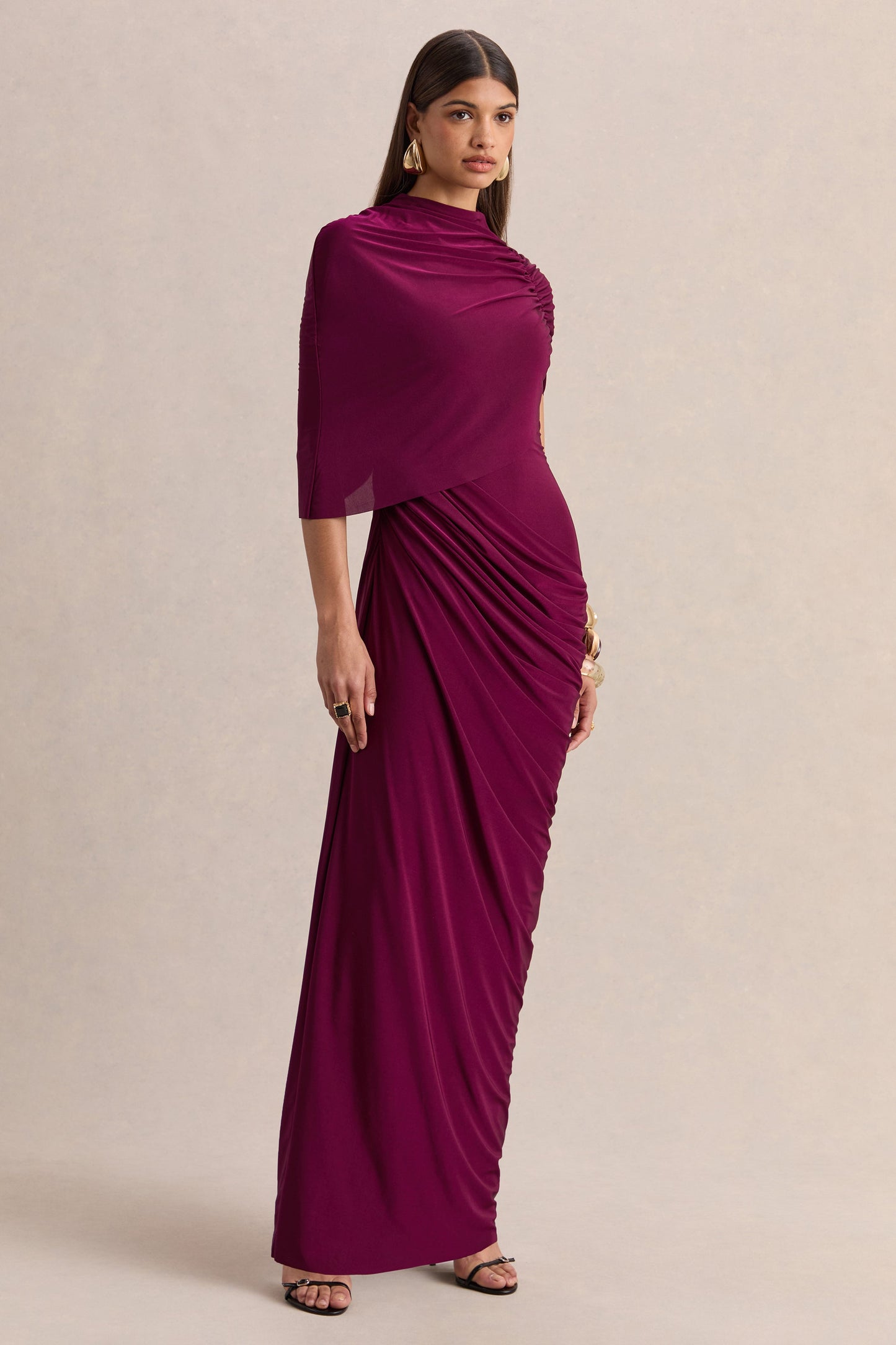 Lunaline | Burgundy High-Neck Maxi Dress With Asymmetric Cape And Draped-Detailing