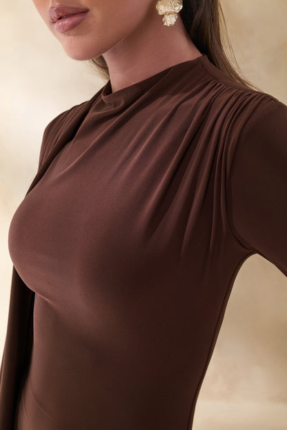 Amaria | Brown High-Neck Maxi Dress With Sash-Detail