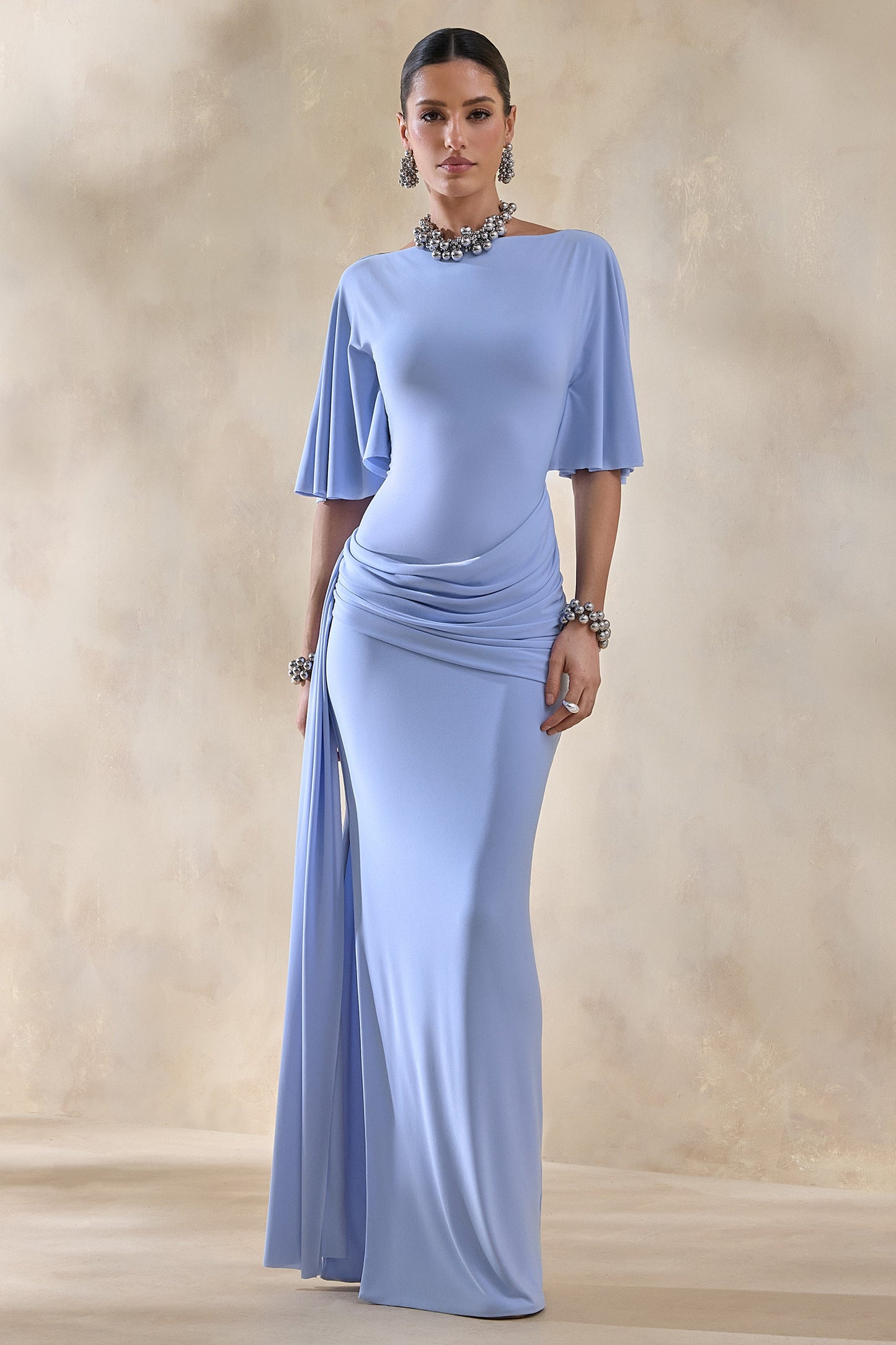 Emerelle | Powder Blue Wide-Neck Maxi Dress With Sash And Draped-Detailing