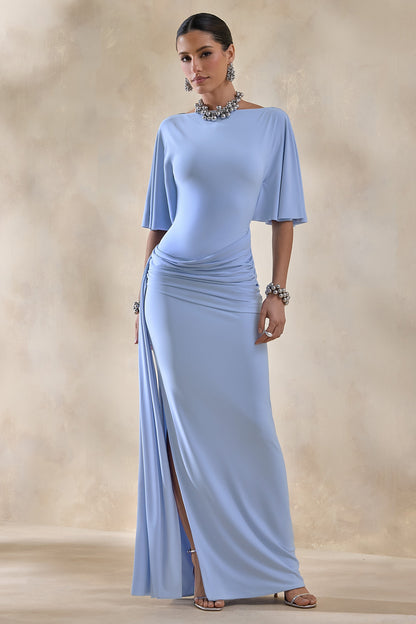 Emerelle | Powder Blue Wide-Neck Maxi Dress With Sash And Draped-Detailing