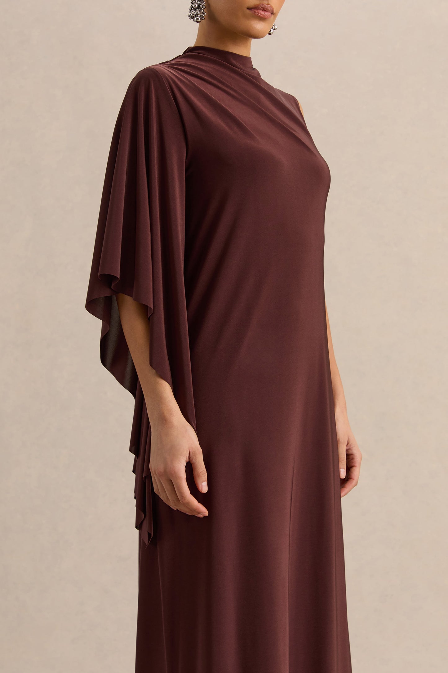 Marosia | Brown High-Neck Maxi Dress With Cape Sleeve