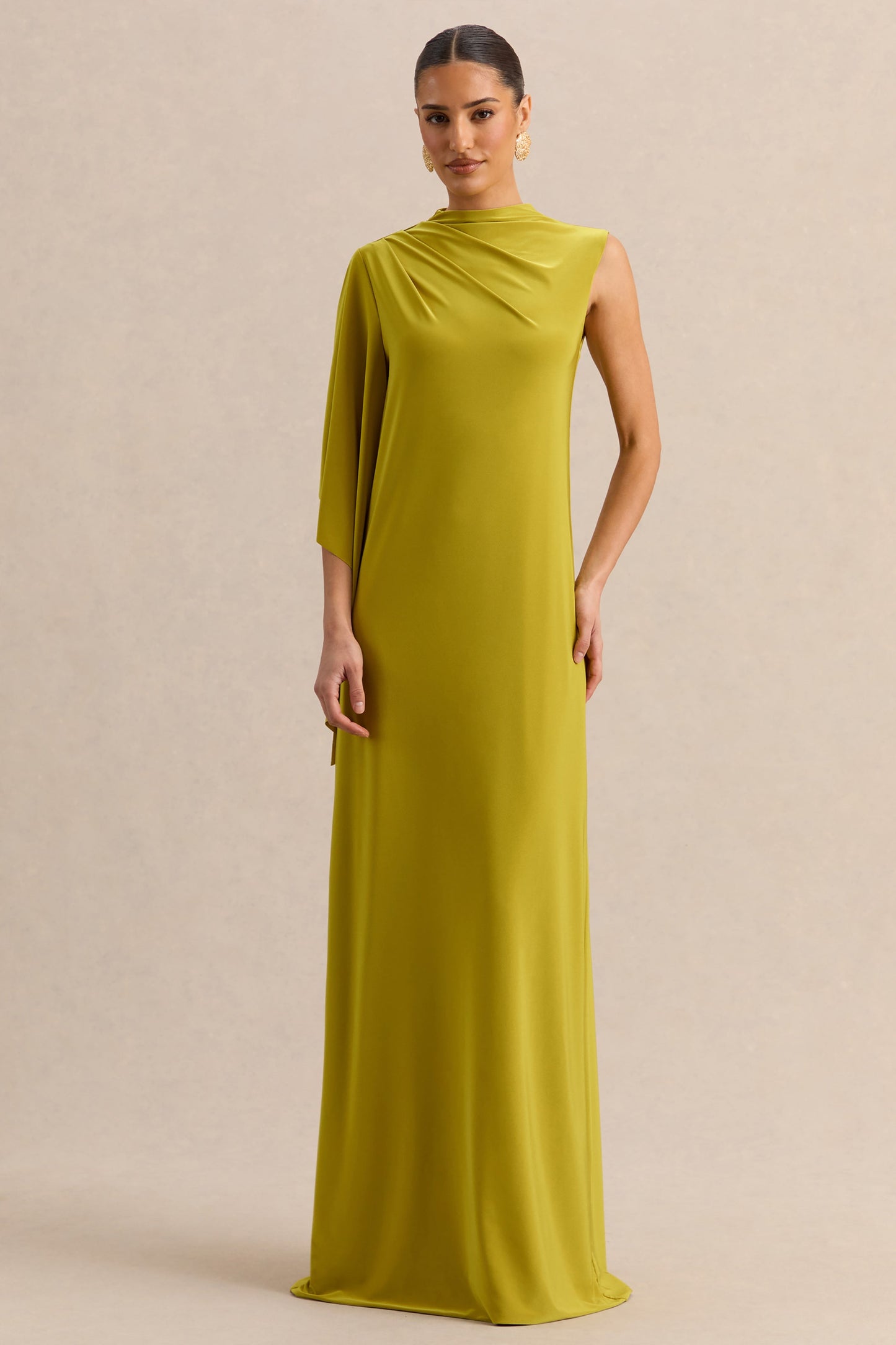 Marosia | Olive High-Neck Maxi Dress With Cape Sleeve