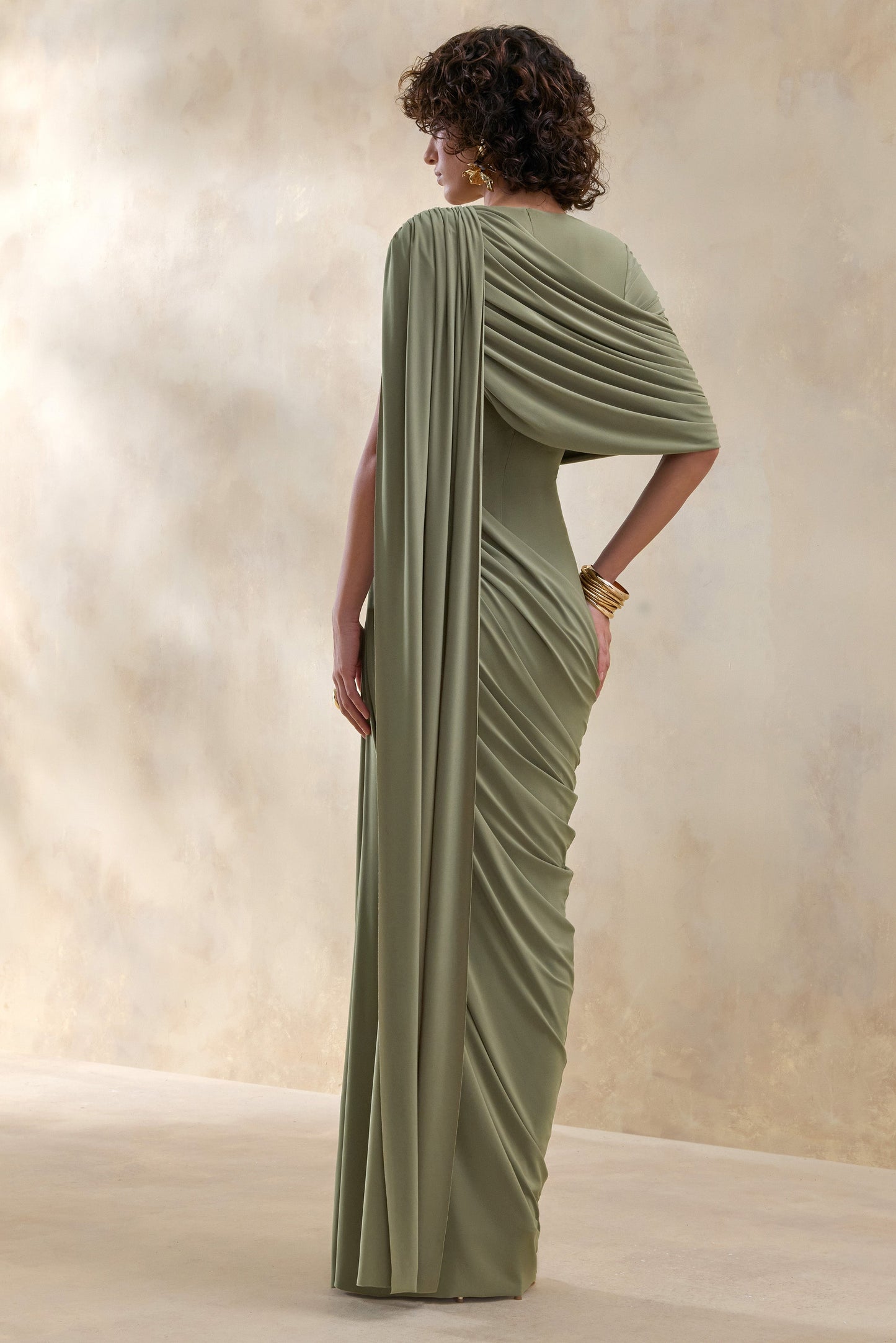 Gisara | Olive High-Neck Maxi Dress With Sash And Draped-Detailing