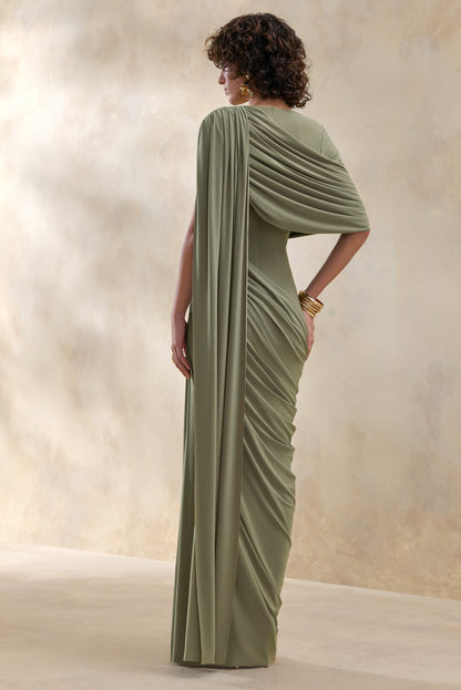 Gisara | Olive High-Neck Maxi Dress With Sash And Draped-Detailing