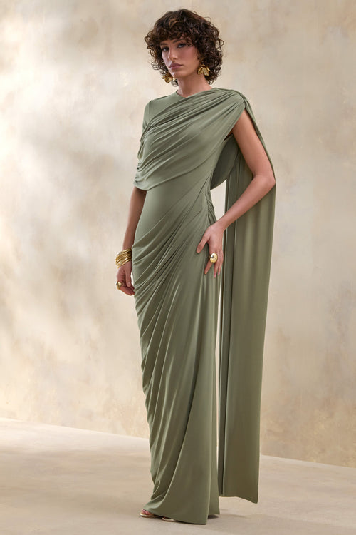 Gisara | Olive High-Neck Maxi Dress With Sash And Draped-Detailing