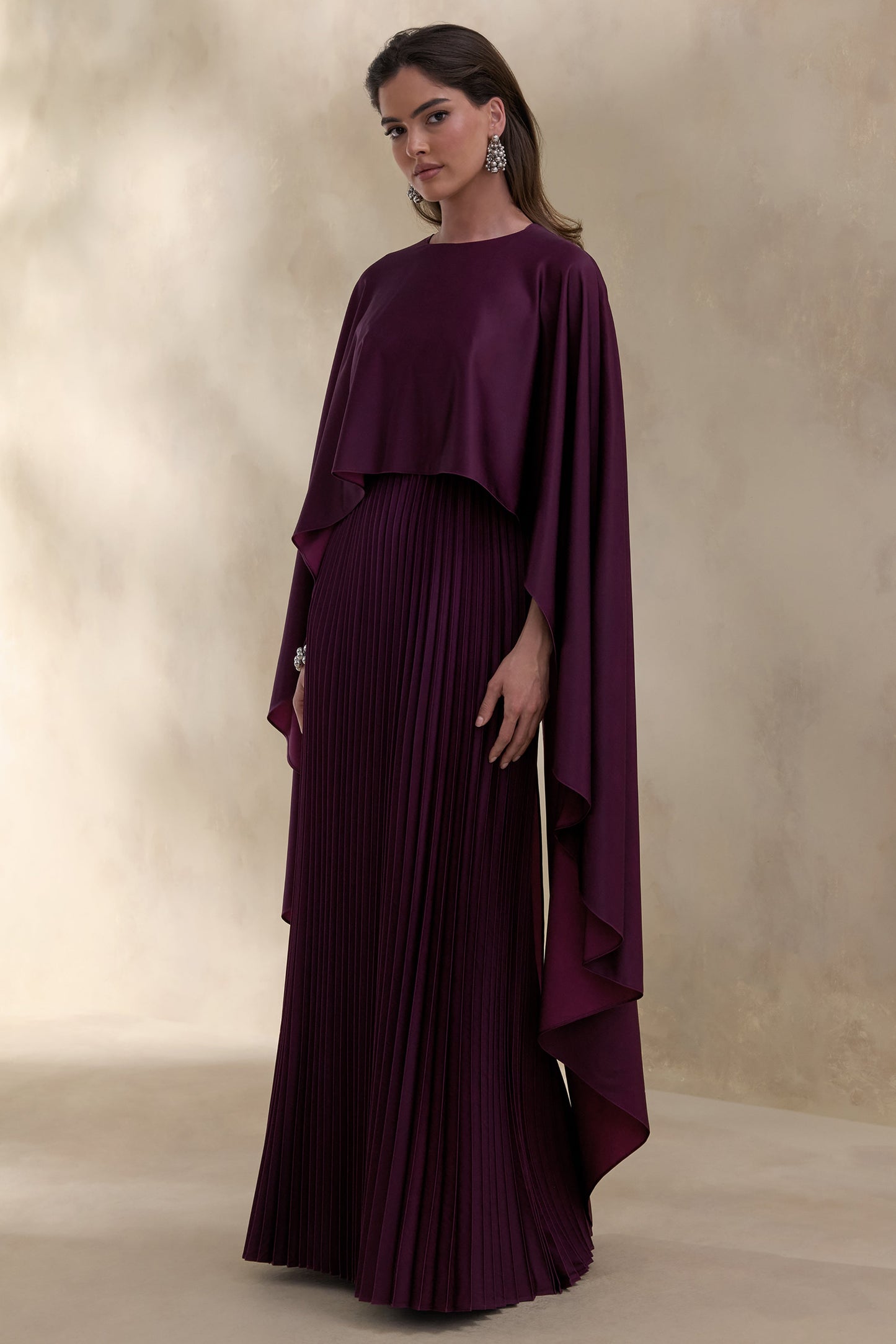 Loradia | Dark Plum Satin Round-Neck Maxi Dress With Cape-Sleeves And Pleated-Skirt