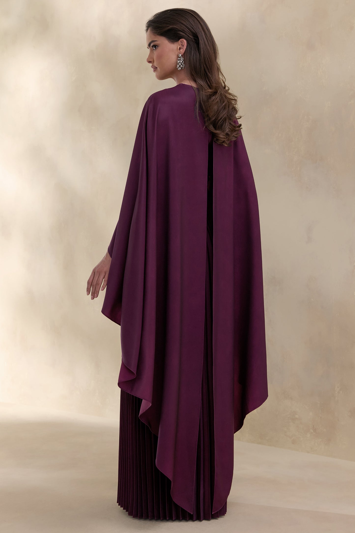 Loradia | Dark Plum Satin Round-Neck Maxi Dress With Cape-Sleeves And Pleated-Skirt