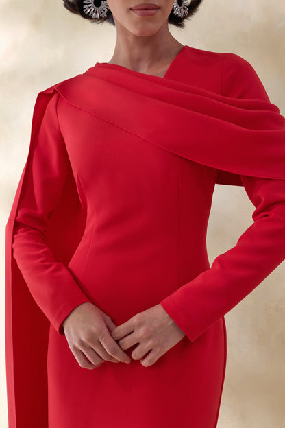 Heliora | Red V-Neck Maxi Dress With Sash And Draped-Detail