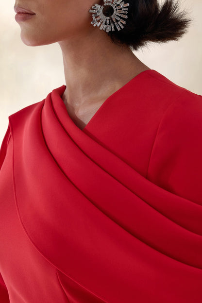 Heliora | Red V-Neck Maxi Dress With Sash And Draped-Detail