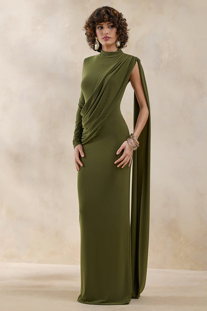 Oliria | Olive High-Neck Maxi Dress With One-Long Sleeve And Sash-Detail