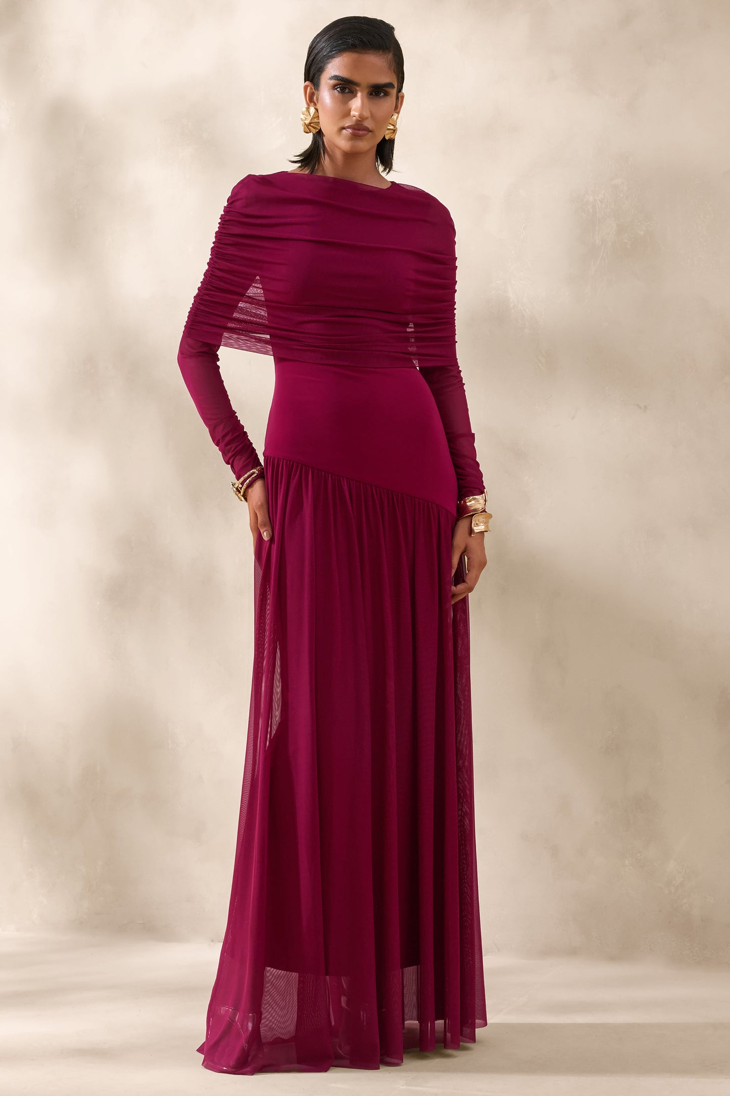 Enalia | Burgundy Mesh High-Neck Maxi Dress With Short-Cape