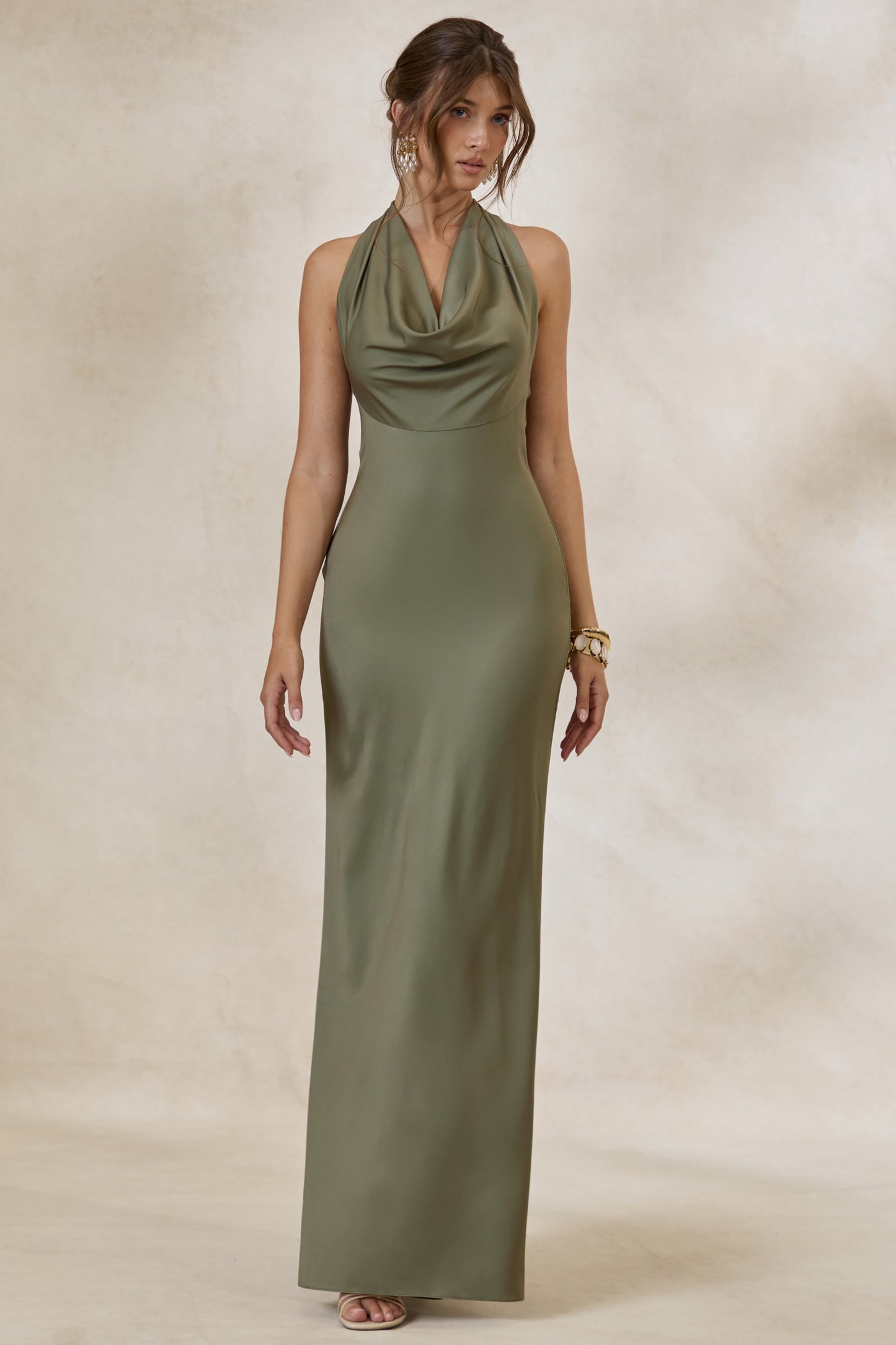 Aralisse | Khaki Satin Cowl-Neck Maxi Dress