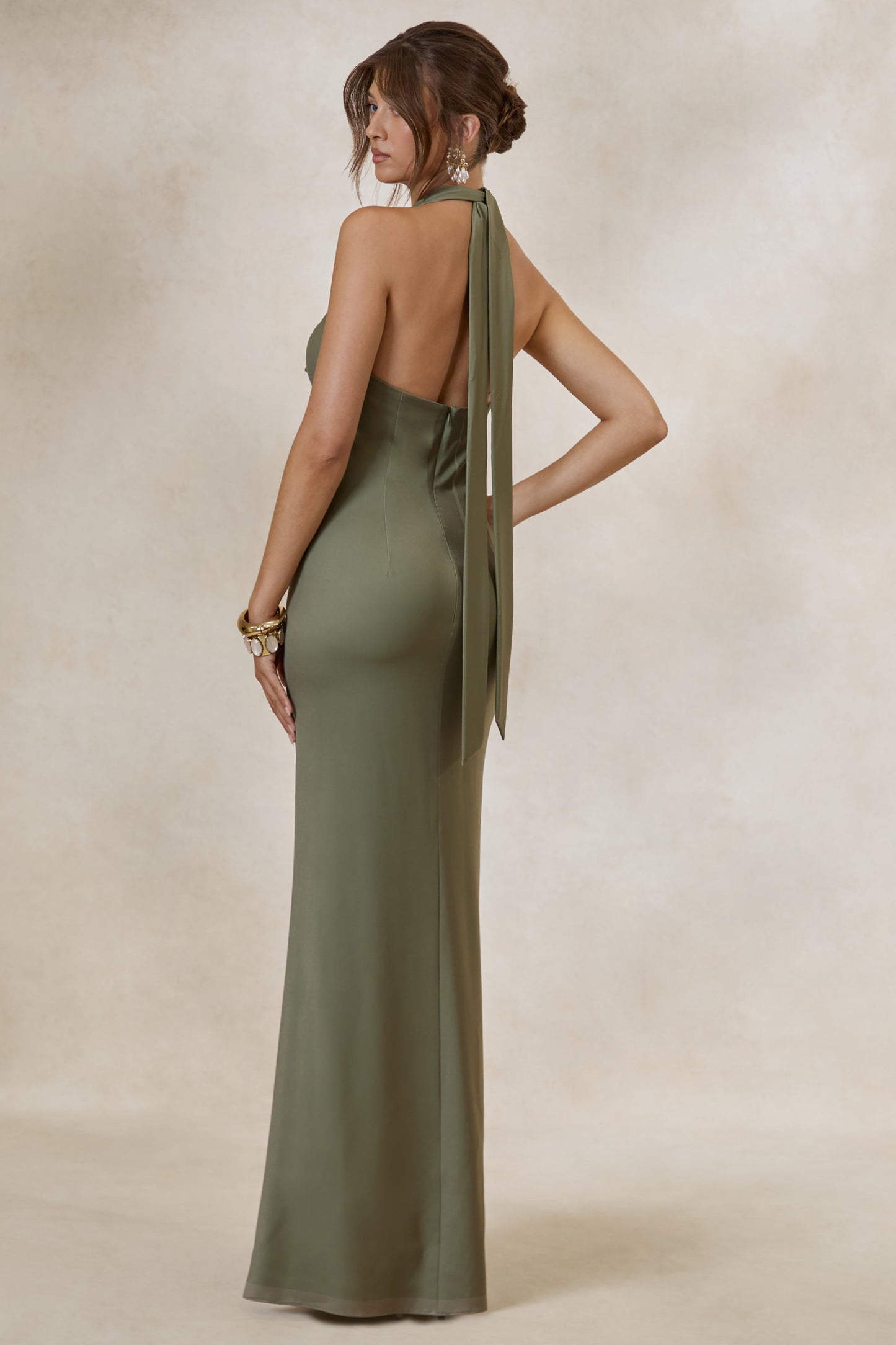 Aralisse | Khaki Satin Cowl-Neck Maxi Dress