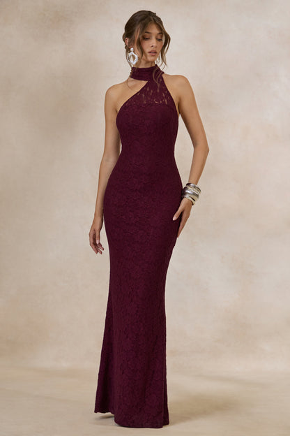 Almaria | Burgundy Lace Asymmetric-Neck Maxi Dress With Collar-Detail