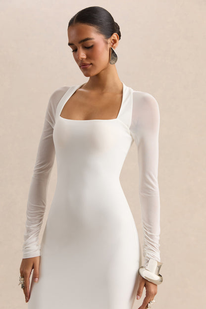 Fleurisia | White Square-Neck Maxi Dress With Mesh Long-Sleeves