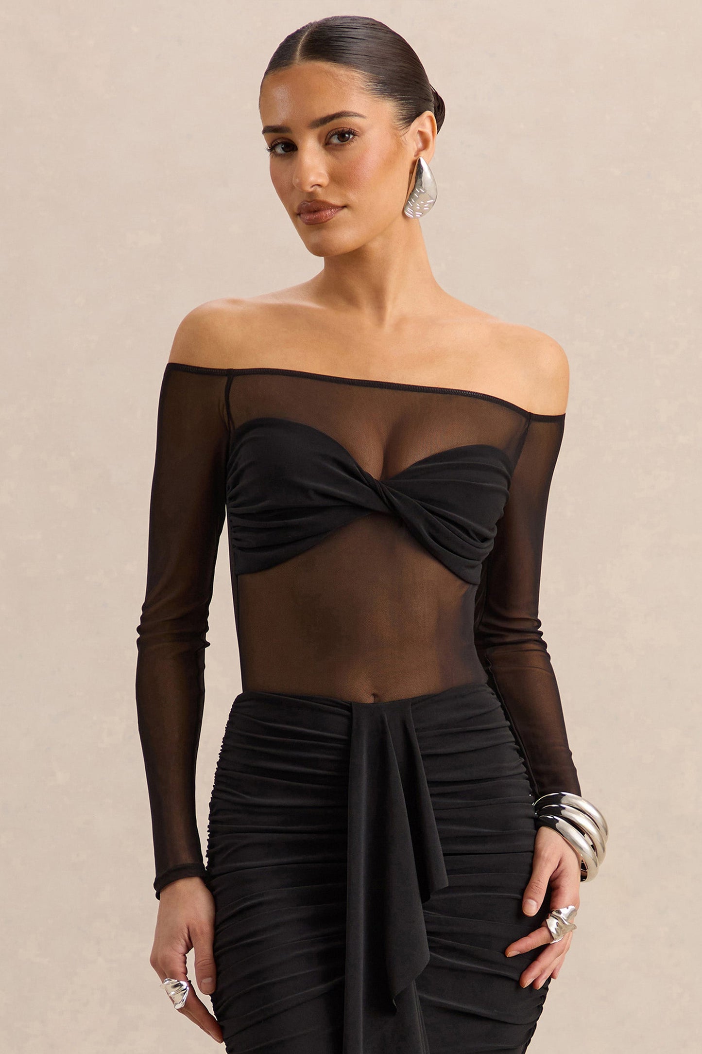 Maira | Black Mesh Bardot-Neck Thong Bodysuit