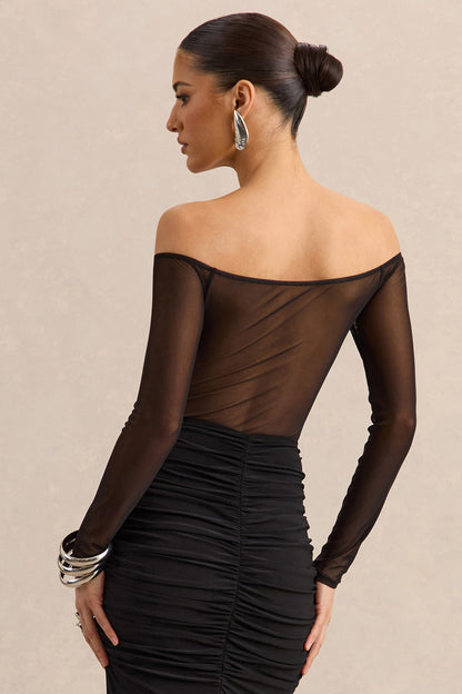 Maira | Black Mesh Bardot-Neck Thong Bodysuit