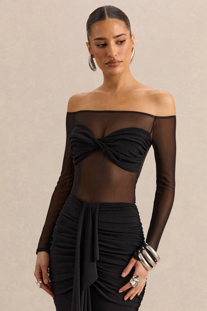 Maira | Black Mesh Bardot-Neck Thong Bodysuit