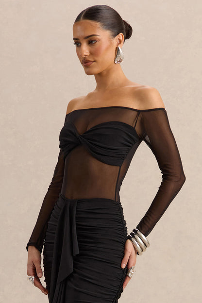 Maira | Black Mesh Bardot-Neck Thong Bodysuit