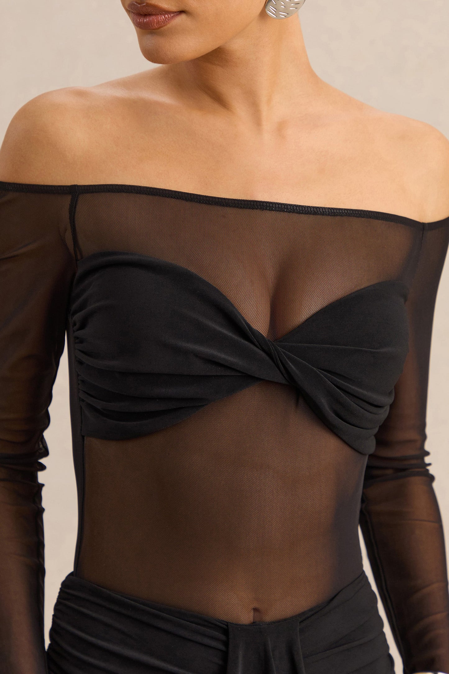 Maira | Black Mesh Bardot-Neck Thong Bodysuit