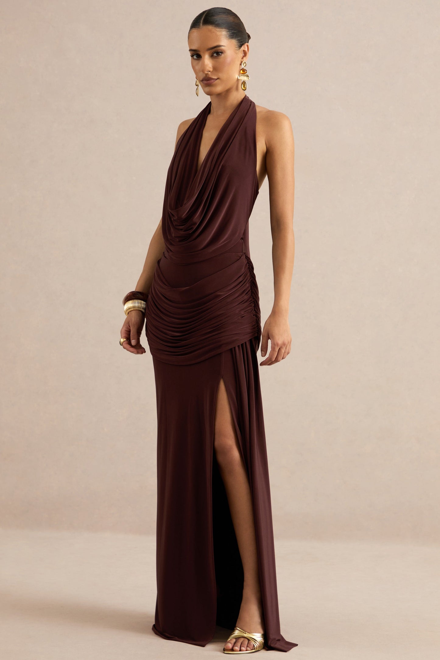 Ariadne | Dark Brown Draped Maxi Skirt With Split