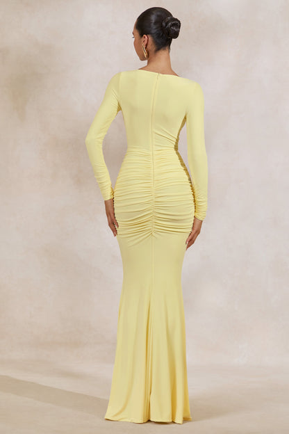 Liatris | Lemon Wide-Neck Maxi-Dress With Gathered-Detailing