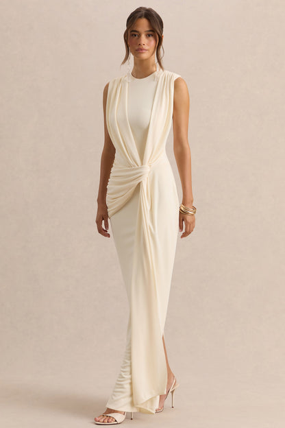 Blythia | Cream Round-Neck Maxi Dress With Gathered-Detailing
