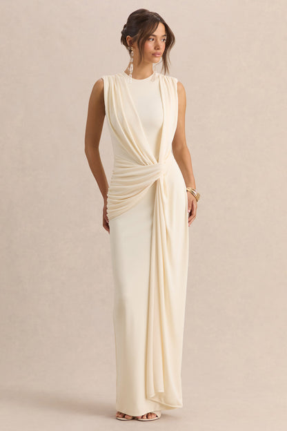 Blythia | Cream Round-Neck Maxi Dress With Gathered-Detailing