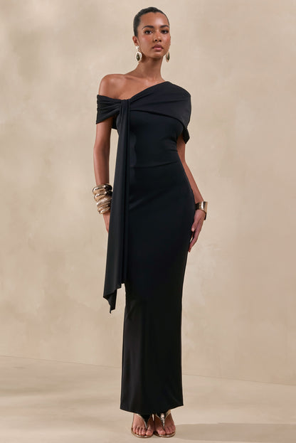 Esalina | Black Asymmetric-Neck Maxi Dress With Sash