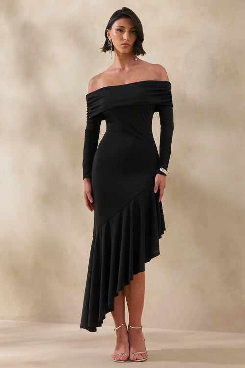 Goldara | Black Bardot-Neck Maxi Dress With Ruffled Asymmetric-Hem