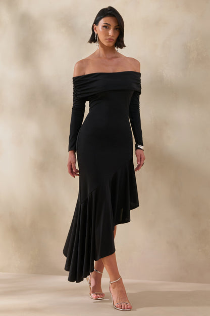 Goldara | Black Bardot-Neck Maxi Dress With Ruffled Asymmetric-Hem