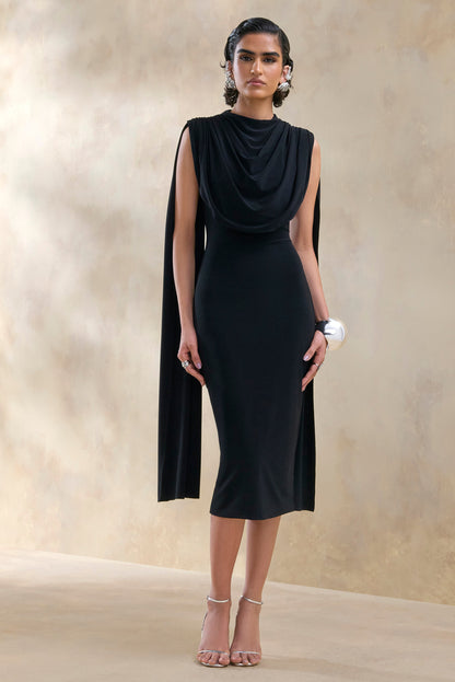 Lysandria | Black High-Neck Midi Dress With Draped-Detailing