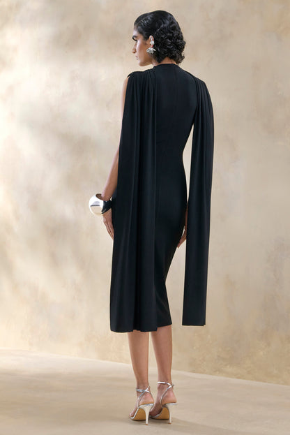 Lysandria | Black High-Neck Midi Dress With Draped-Detailing
