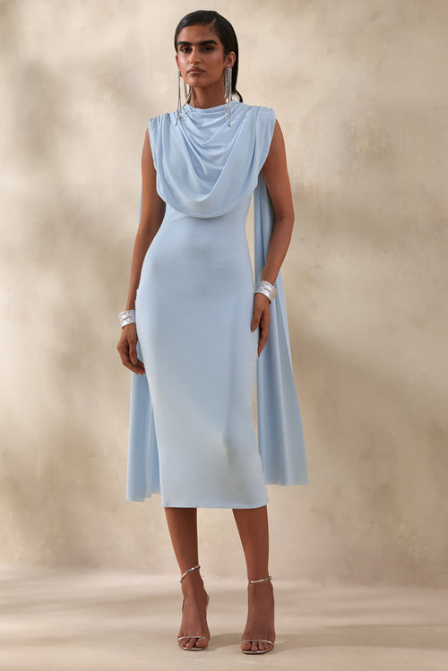Lysandria | Powder Blue High-Neck Midi Dress With Draped-Detailing