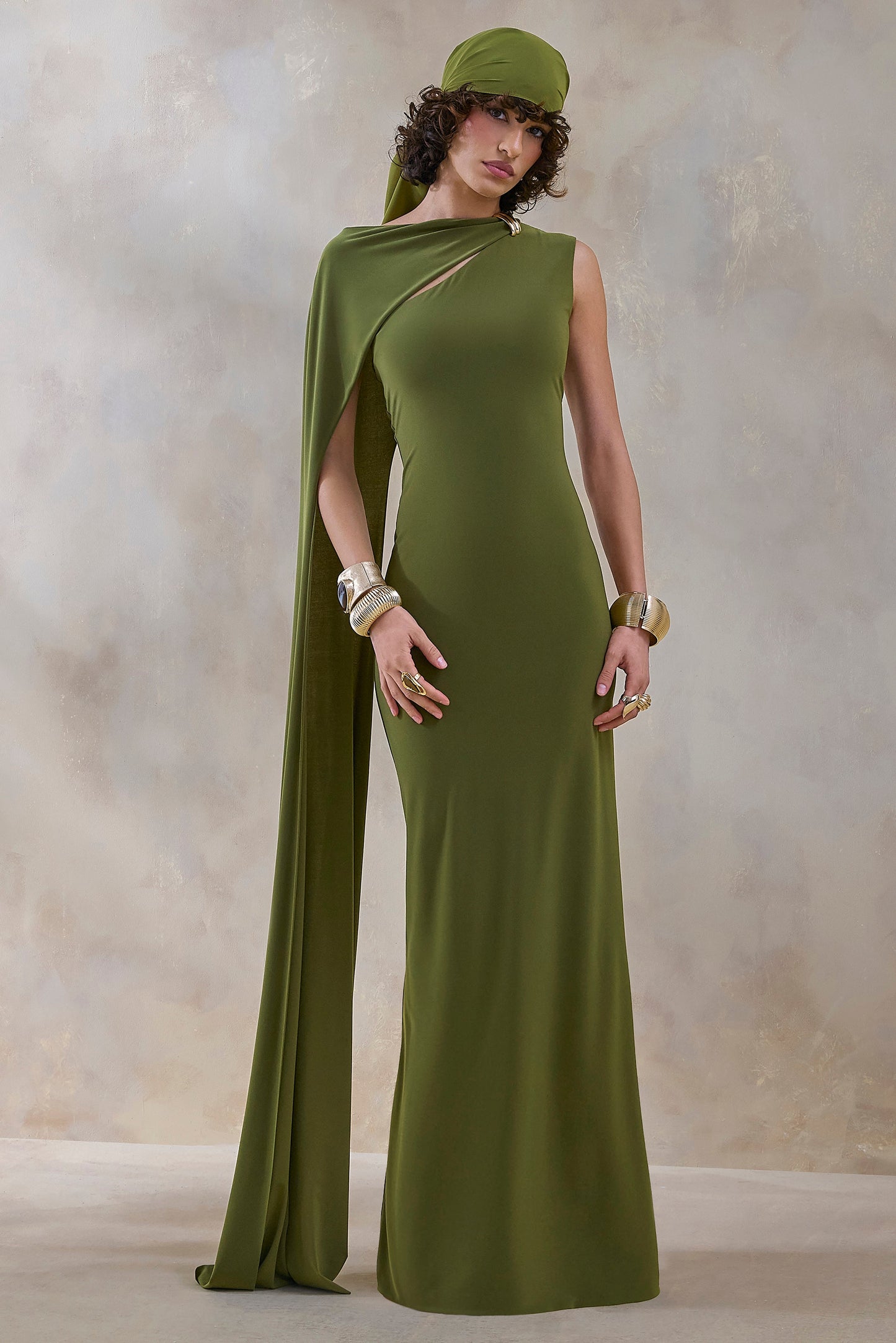 Isdelia | Green Asymmetric-Neck Maxi Dress With Cape-Sleeve