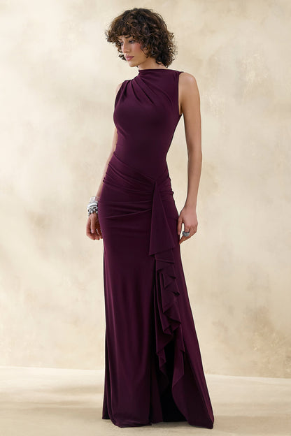 Helessia | Dark Plum Asymmetric-Neck Maxi Dress With Gathered-Detailing And Sash
