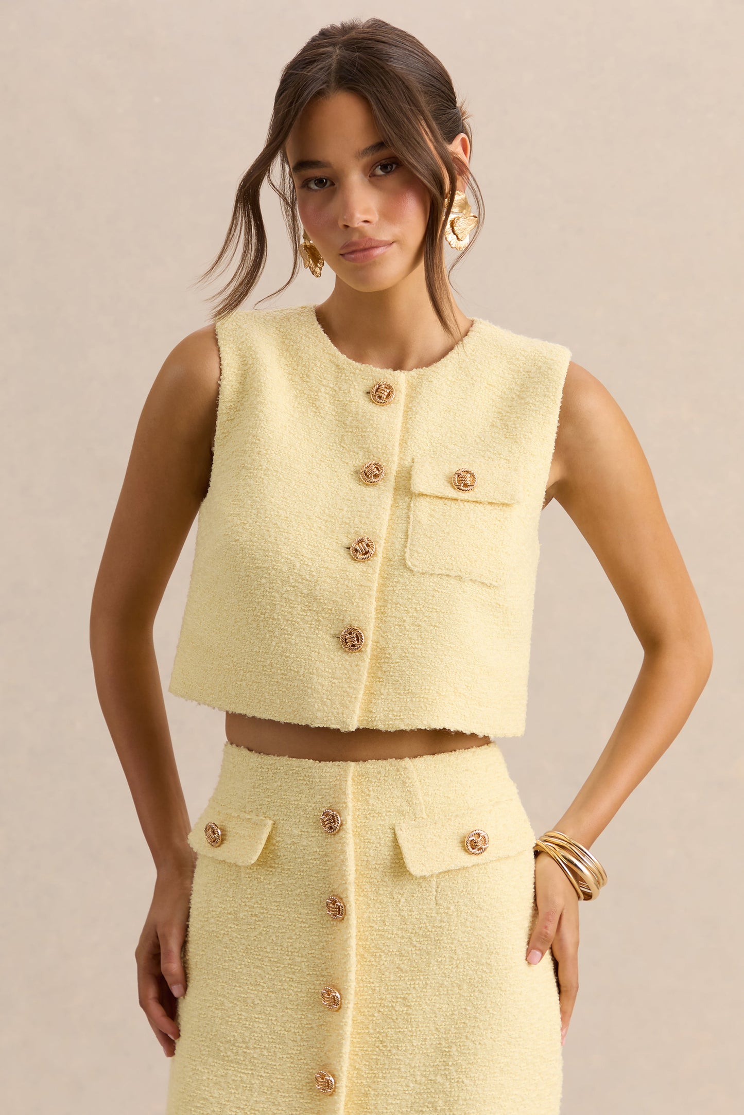 Emara | Lemon Round-Neck Top With Button-Detailing