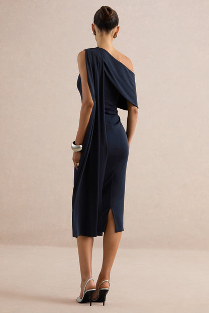 Madelisse | Navy Asymmetric-Neck Midi Dress With Sash