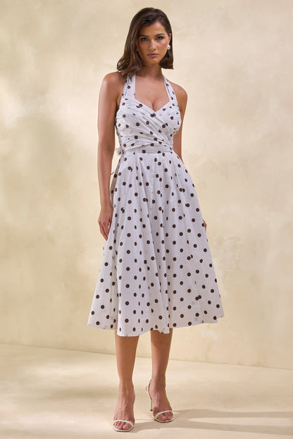 Franceline | Cream & Brown Polka-Dot Halter-Neck Midi-Dress