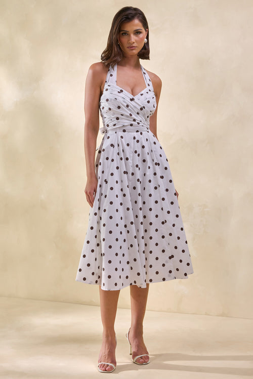 Franceline | Cream & Brown Polka-Dot Halter-Neck Midi-Dress