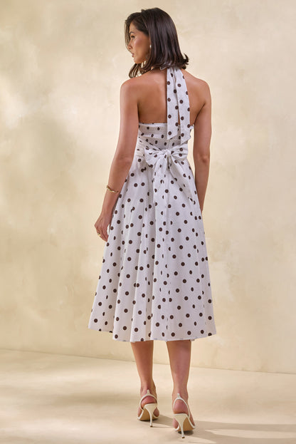 Franceline | Cream & Brown Polka-Dot Halter-Neck Midi-Dress