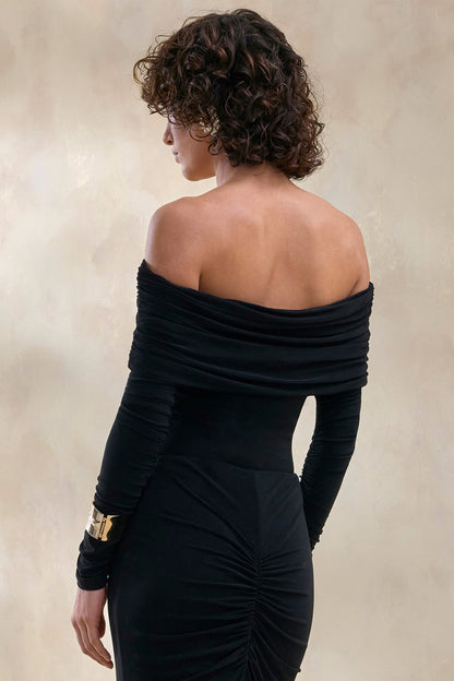 Drina | Black Bardot Neck Thong Bodysuit With Ruched Long Sleeves