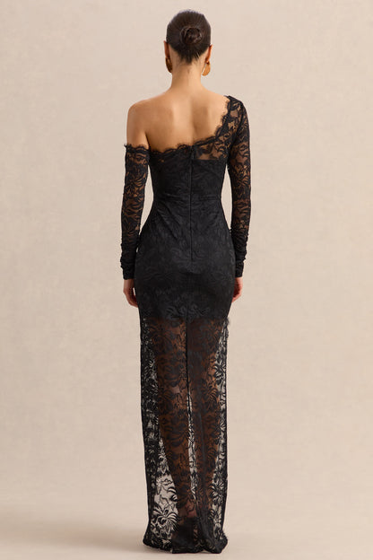 Orlania | Black Lace Asymmetric-Neck Maxi Dress With Asymmetric-Hem