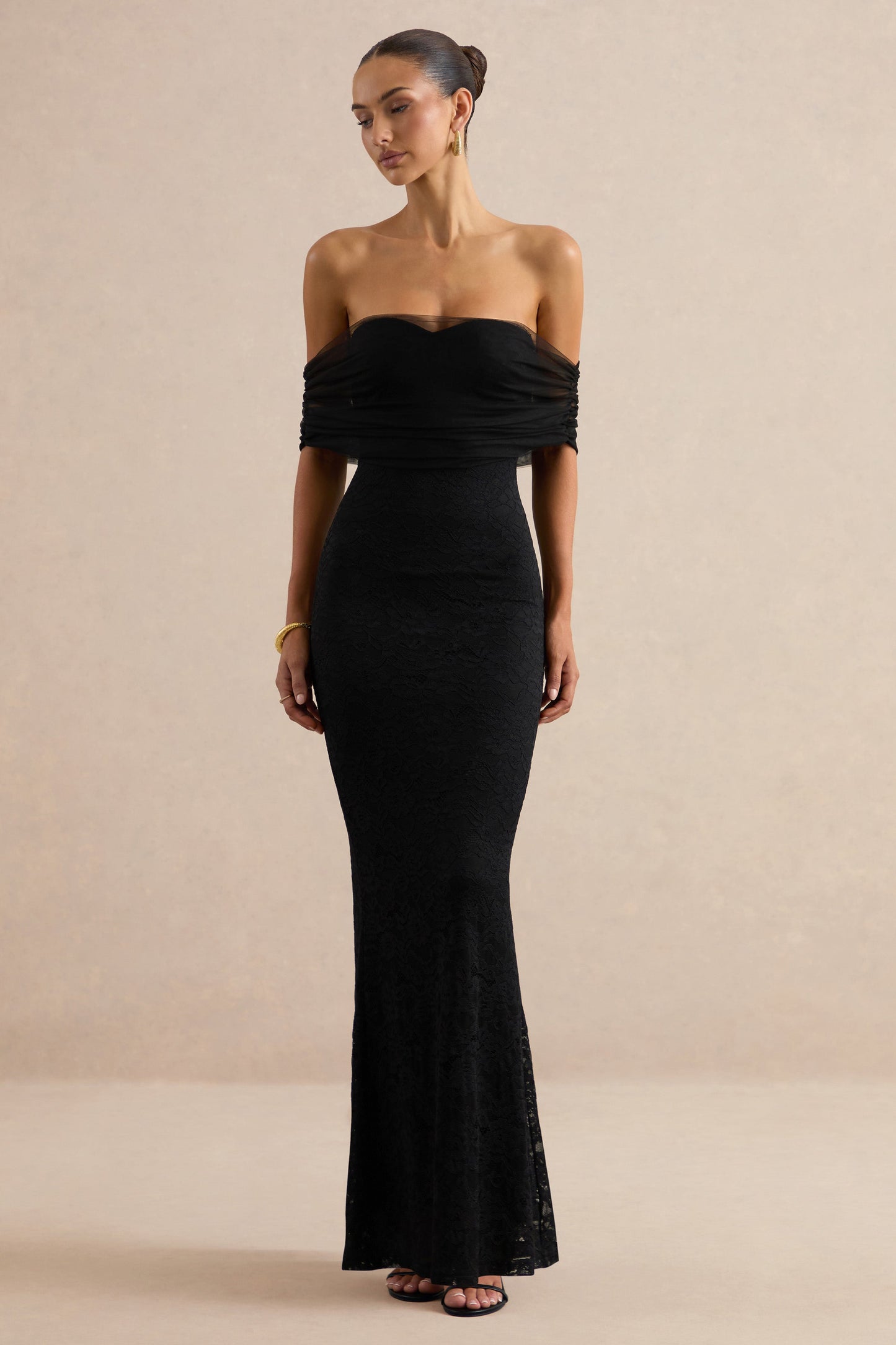Novessa | Black Lace Bardot-Neck Maxi Dress