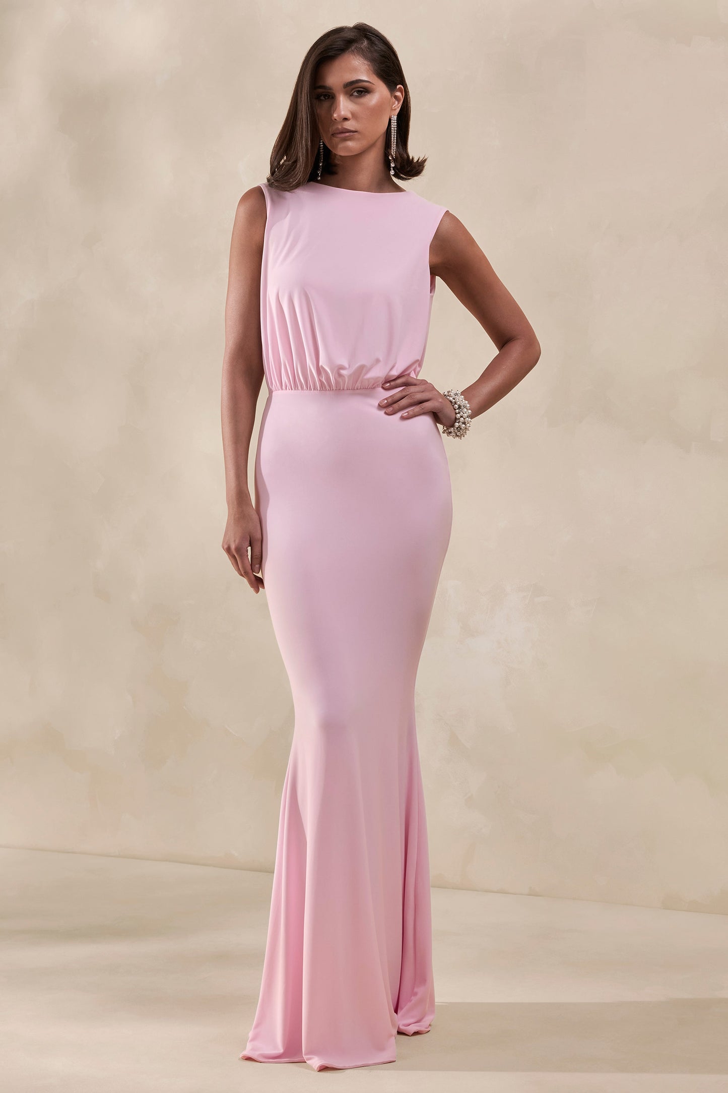 Elladine | Pink Round-Neck Maxi Dress With Lace-Back And Bow-Detail